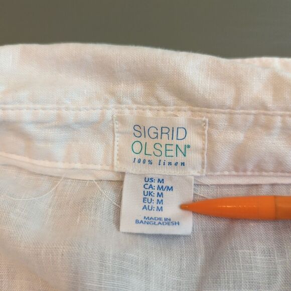 Sigrid Olsen Linen Top Womens Medium White Tunic Roll Tab Sleeve Pocket - Picture 5 of 7